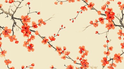  a close up of a tree with red flowers on it's branches and a white sky in the background.