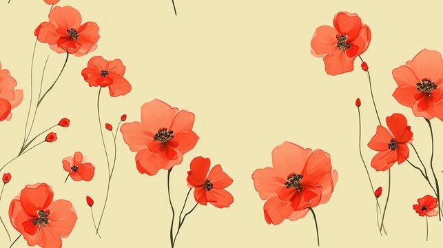  a painting of red flowers on a yellow background with a black line in the middle of the image and a black line in the middle of the image.