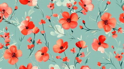 Fototapeta na wymiar a pattern of red and white flowers on a teal background with leaves and flowers on a light blue background.