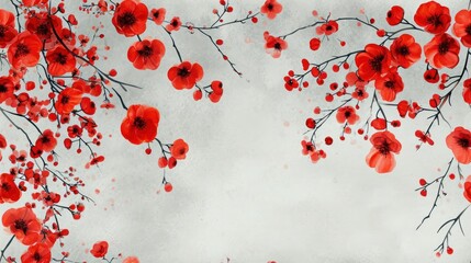  a painting of a bunch of red flowers on a white background with a gray sky in the backround.