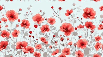  a bunch of red flowers that are on a blue and white background with a light blue sky in the background.