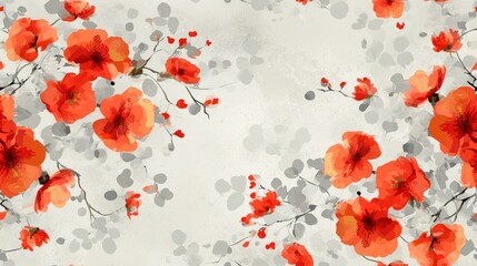  a painting of a bunch of red flowers on a white background with a gray and red design in the middle.
