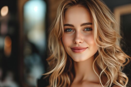 Blonde curly young woman portrait