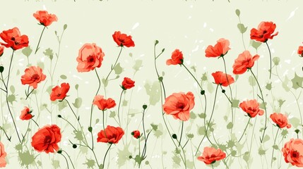  a painting of a field of red poppies with green stems and leaves in the foreground, on a light green background.
