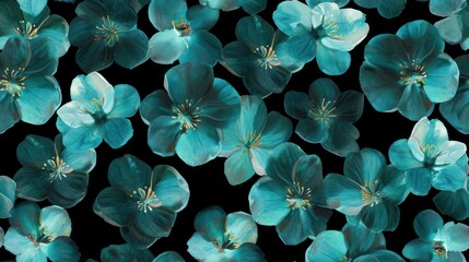  a bunch of blue flowers that are on a black and white background with a blue center in the middle of the petals.
