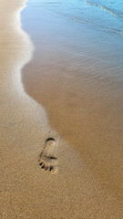 Footprints on tropical beach and beautiful wave