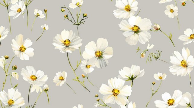  a bunch of white flowers that are on a gray background with a yellow center in the middle of the picture.