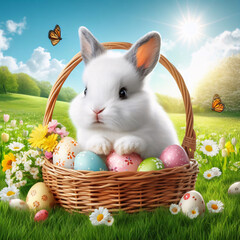Adorable lapin blanc, drôle avec des œufs en chocolat dans un panier , peint et coloré pour les fêtes de paques image idéale pour illustrer et célébrer paques - obrazy, fototapety, plakaty