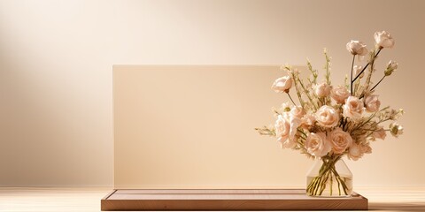 Product display stage with wooden podium, glass vase, and flower bouquet on beige background.