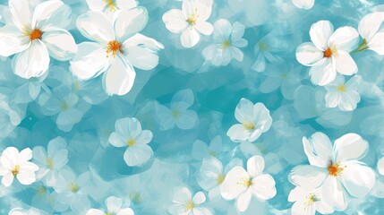  a bunch of white flowers floating in the air on a blue and white background with a yellow center surrounded by smaller white flowers.