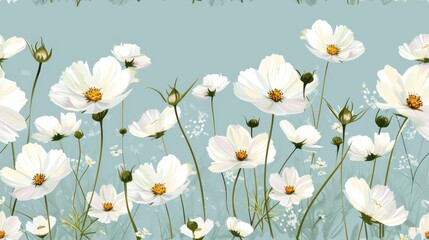  a painting of a field of white flowers on a blue background with a yellow center surrounded by smaller white flowers.