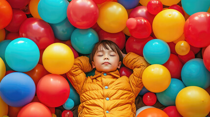 Asian child with eyes closed resting on a pile of colorful globes. Celebration, birthday, anniversary concept. Generative Ai. - obrazy, fototapety, plakaty
