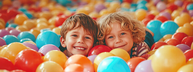 Panoramic of two little friends enjoying and sticking out their heads out of a puddle of colored balls and balloons air. Indoor entertainment and games venue for children. Ai generated - obrazy, fototapety, plakaty