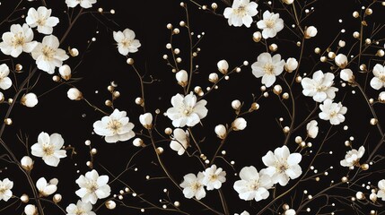  a bunch of white flowers that are on a black background with white pearls on the stems and a black background with white pearls on the stems.