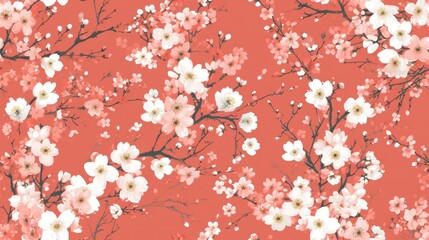  a pattern of pink and white flowers on a red background with a black and white cat on the right side of the image.