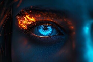 Woman's blue ice eye in the dark. Fire. Piercing eyes. Burning demonic eyes. Fiery Mysterious. Magic, secrecy, mysticism, visual effect. Hypnosis, power of sight. Emotion. Look. Close up. Copy space