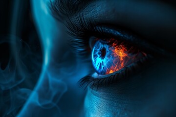Woman's blue ice eye in the dark. Fire. Piercing eyes. Burning demonic eyes. Fiery Mysterious. Magic, secrecy, mysticism, visual effect. Hypnosis, power of sight. Emotion. Look. Close up. Copy space