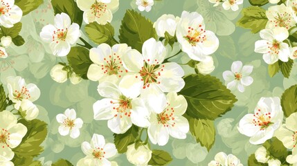  a pattern of white flowers and green leaves on a green background with a red center on the center of the flower.