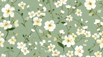  a pattern of white flowers with green leaves on a light green background with a light green background and a white flower with green leaves on a light green background.