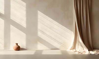 Schilderijen op glas Neutral modern empty room with sunlight shadow, white blank wall background, beige linen curtain and stone floor or tabletop, aesthetic minimalist interior design template  © Kodjovi