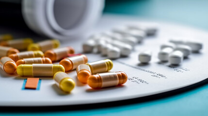 Pharmaceutical Focus: White Prescription Pills on Rx Pad - Medical Concept Stock Photo.