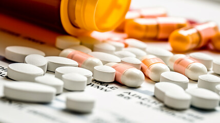 Pharmaceutical Focus: White Prescription Pills on Rx Pad - Medical Concept Stock Photo.