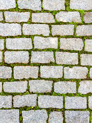 Background seamless texture of green grass sprouted between bricks of cobblestone path, top view. Concept of harmonious fusion of city and nature. 
