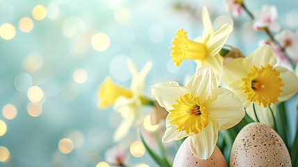 Fototapeta na wymiar Bright yellow daffodils and speckled Easter eggs on a light background. Spring holiday composition for Easter holiday