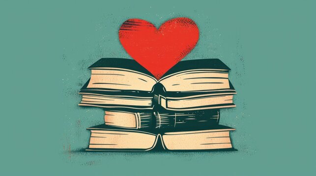  a stack of books with a heart on top of one of the books is stacked on top of each other.