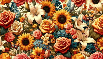 Obraz na płótnie Canvas A wallpaper bouquet of Daisies, lilies, orchids, sunflowers, and peonies should be modified to enhance the warmth of the colors. .