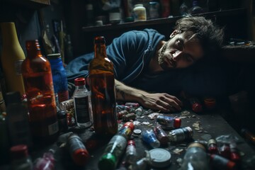 Alcohol addicted man lying on the table in his messy house