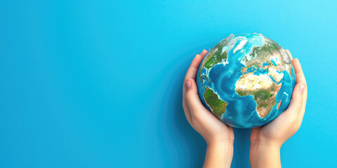 Two hands cradle a miniature Earth against a vivid blue background, symbolizing care and responsibility for our planet.