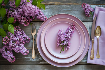 table setting. Bouquet of lilacs, plates and cutlery on a wooden table. top view
