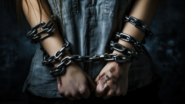 Close-up image of a woman's hands in chains on dark background