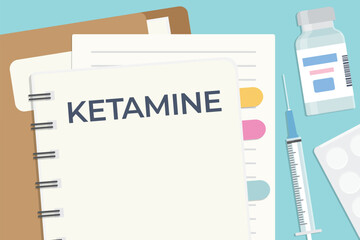 ketamine word written on the spiral notebook, flat lay composition on the doctor desk- vector illustration - obrazy, fototapety, plakaty