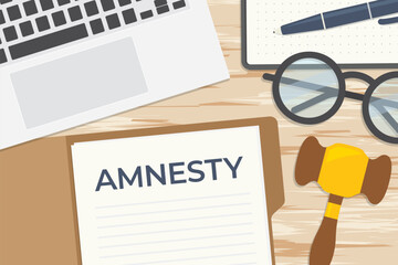 amnesty word written in the case files, flat lay composition with laptop, gavel, eyeglasses, pen and notebook- vector illustration - obrazy, fototapety, plakaty