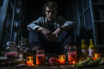Handsome young man sitting in a dark room, holding a glass jar full of colorful candles - Powered by Adobe