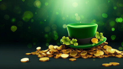 stockphoto, vector illustration, Banner with shiny green hat, gold coins and clover leaves. Beautiful mockup for Saint Patrick’s day. Design for greeting card, invitation, poster.