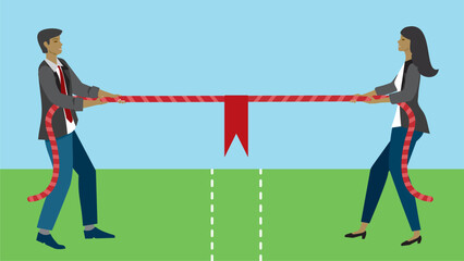 Man and woman in tug-of-war competition. Dragging rope with flag. Dimension 16:9. Vector illustration.