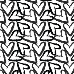 Heart seamless pattern. Black and white ink brush hearts hand drawn ornament. Romantic figures vector illustration. Monochrome freehand dry paint brush stroke shapes.
