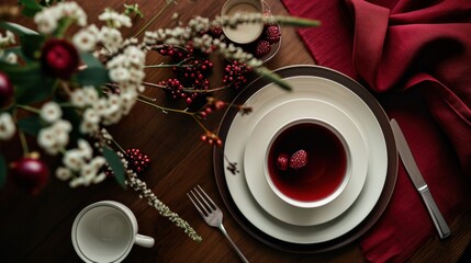  a close up of a plate on a table with a cup of tea and a plate with berries on it.