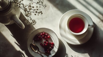  a bowl of cherries next to a cup of tea on a saucer and a saucer with a spoon.