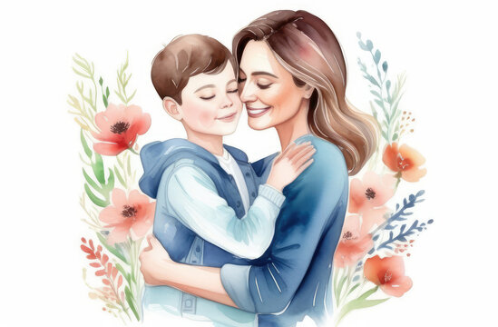 happy pretty woman hugging her child on floral background. watercolor greeting card for mother's day