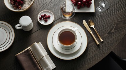  a table set with a cup of tea, plate, and silverware and a plate with berries on it.