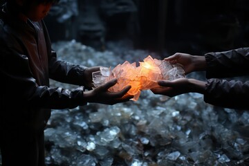 Close up of people hands holding pieces of ice