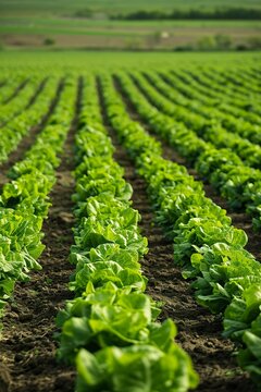 A lettuce plantation on a renewable energy farm on a sunny day. Organic lettuce field in rows in large cultivation area.