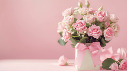 Bouquet of pink roses and gift box on pink background