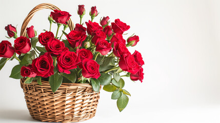 Fototapeta na wymiar Bouquet of red roses in a basket on a white background