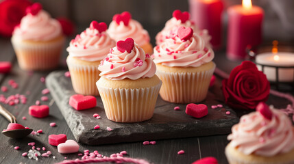Valentine cupcakes with pink buttercream frosting and hearts on a wooden background