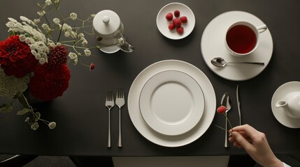 a table topped with white plates and silverware next to a vase with red flowers and a cup of tea.